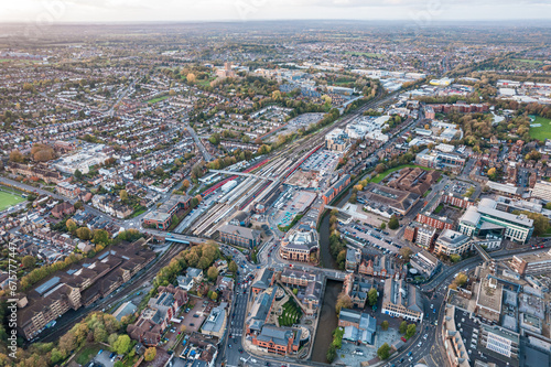 amazing aerial view of the downtown center and railway station of Guildford, Famous town near london, England, autumn daytime photo