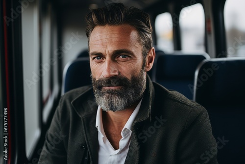 Portrait of handsome mature man sitting in bus and looking at camera