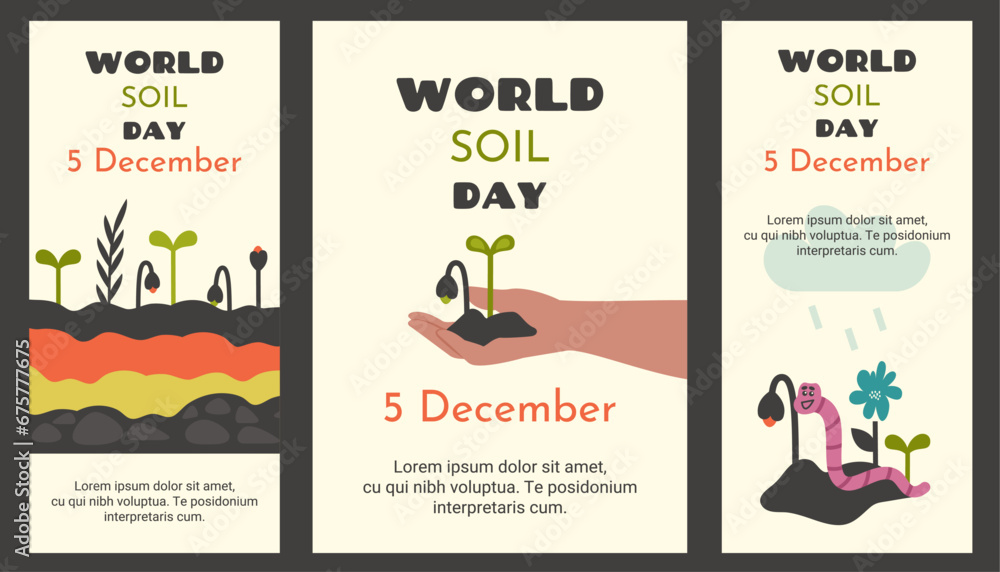 World soil day poster. Human hand holding ground with young fresh shoots. Various ground cross layers. Cute pink earthworm crawling in ground and cleaning soil. Vector
