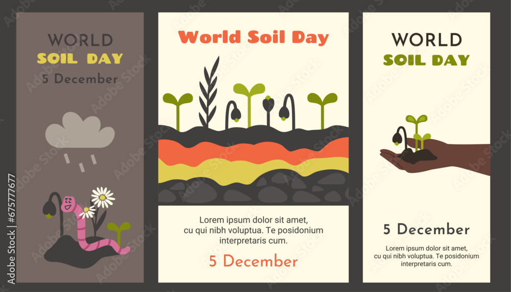 World soil day. Set of environmental protection posters. Hand of  black human holding Handful of ground with young fresh shoots. Various ground cross layers. Сute pink earthworm cleans soil. Vector