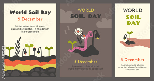 World soil day poster. Human hand holding ground with young fresh shoots. Various ground cross layers. Cute pink earthworm crawling in ground and cleaning soil. Vector