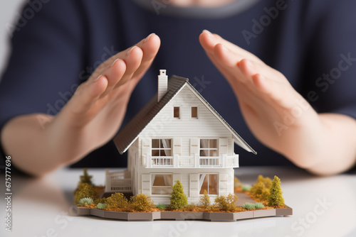 Hands covering a model home, symbolizing home insurance and protection.
