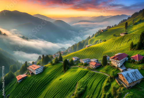Photo of a beautiful sunrise over a mountain landscape in Rize HD Wallpaper photo