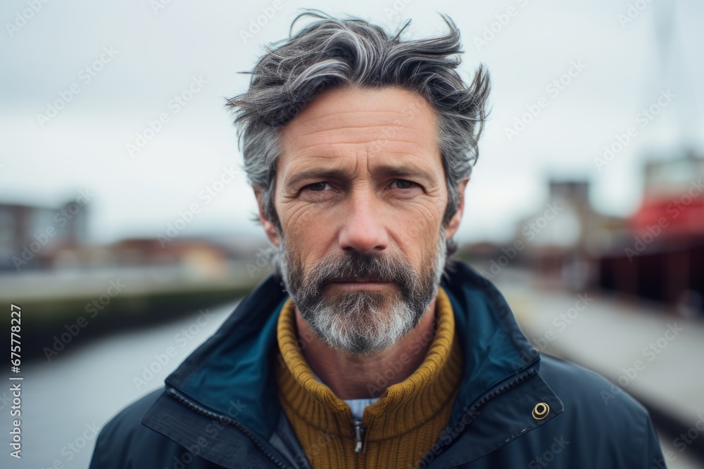 Portrait of a handsome mature man with grey beard and mustache, wearing a blue jacket and yellow turtleneck, standing on a pier, looking into the distance Portrait of a handsome mature man with grey beard and mustache, wearing a blue jacket and yellow turtleneck, standing on a pier, looking into the distance