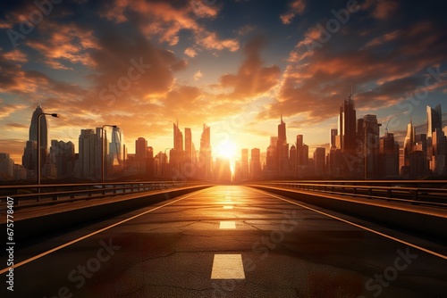 highway in the city with the sun in the background  vibrant stage backdrops  futurist claims  photo-realistic 