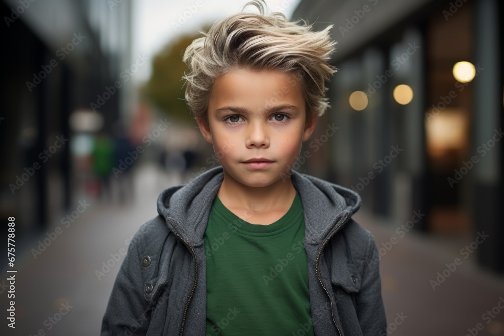 Portrait of a cute little boy with blond hair, looking at camera, standing in the street.