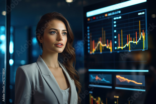Attractive and successful businesswoman stands in front of TV showing stock market graph. Analysis of company financial balance sheet working with realistic graphics, investment finance concept.