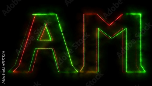 Bright green and red color AM symbol for blogs on black background and 3d illustration. AM Number neon sign.