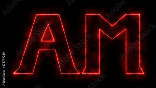 Red Color outline concept. AM neon sign and black background. Neon line clock AM icon isolated on background.