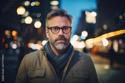 Portrait of a handsome middle-aged man with a beard and glasses on a city street at night