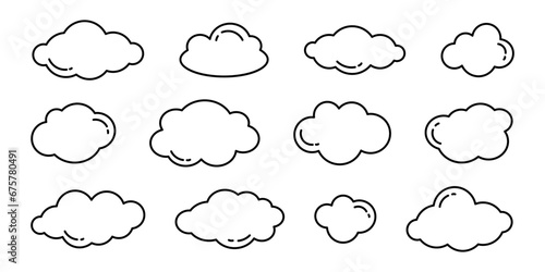 Vector set of cute doodle outline clouds. Simple cloud childish collection in black contour. Sky clouds isolated on white.