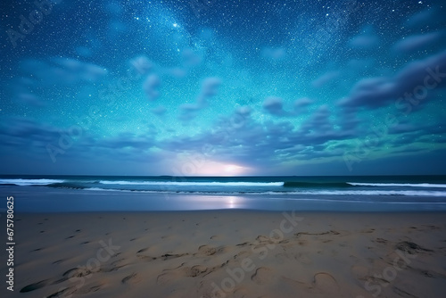 Long exposure shot of glowing plankton on the beach and milky way on the night sky  Blue bioluminescent of glow of water under the night sky