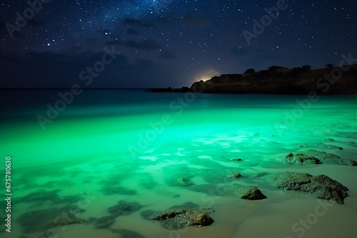 Long exposure shot of glowing plankton on the beach and milky way on the night sky, Blue bioluminescent of glow of water under the night sky © Wuttichaik