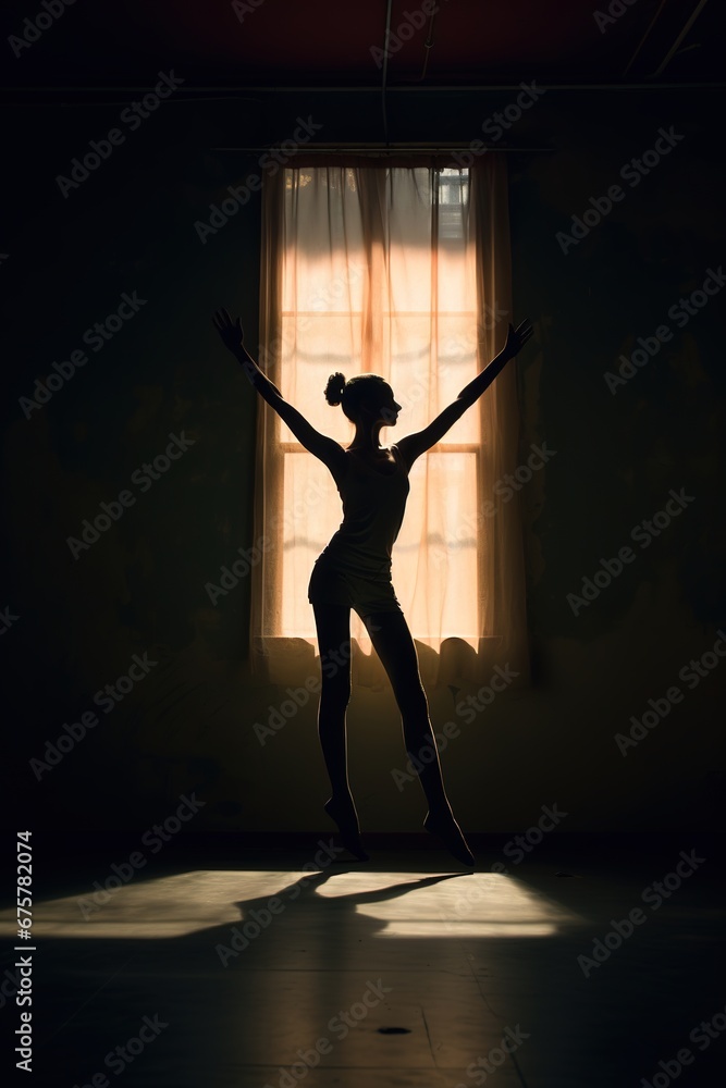 A lone dancer practicing moves in a dimly lit, empty studio, creating a sense of solitary dedication, lo-fi background