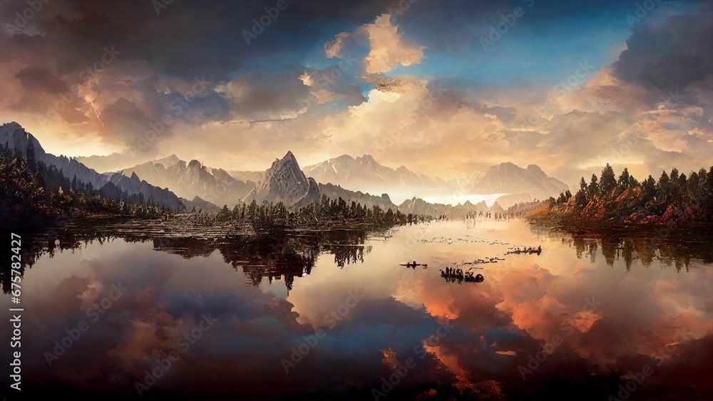 AI generated illustration of a beautiful natural landscape with a reflective lake and mountains