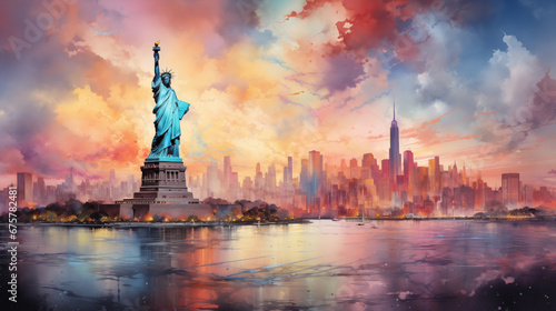 New York USA Watercolor Art Print | USA Poster | Cityscape Wall Art | Art Decor | Statue of Liberty