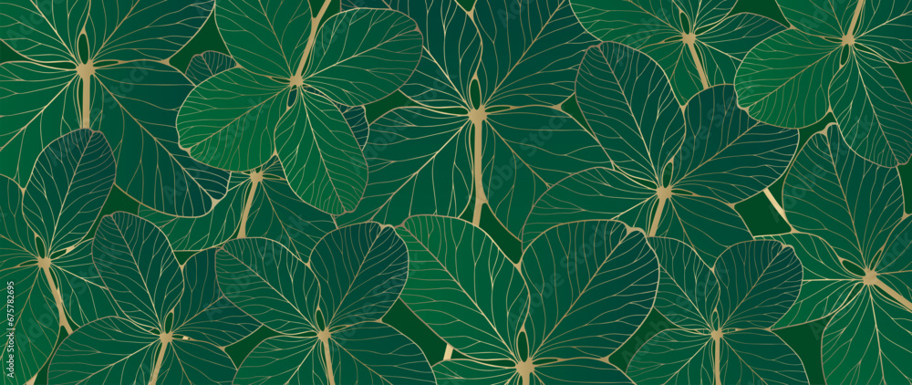 Green botanical background with golden outlines of clover leaves ...