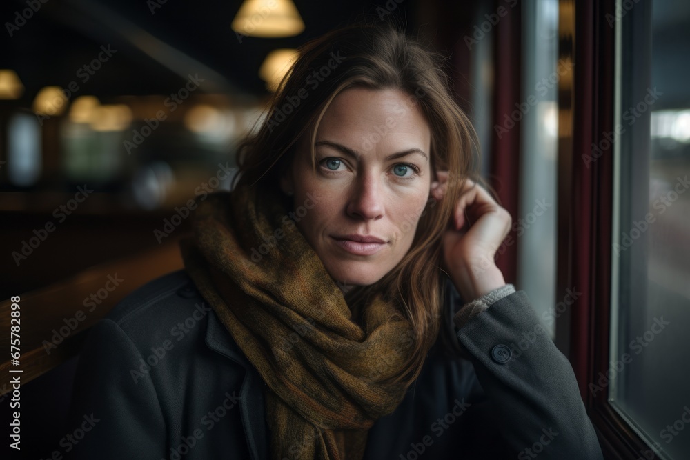 Portrait of a beautiful young woman in a coat and scarf in a cafe Portrait of a beautiful young woman in a coat and scarf in a cafe