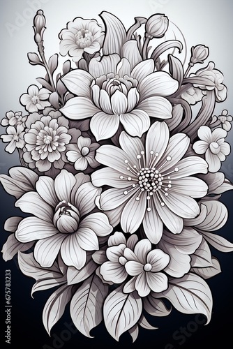 Hand drawn bouquet of flowers and leaves on white background. Floral summer illustration for coloring book pages.Ai 