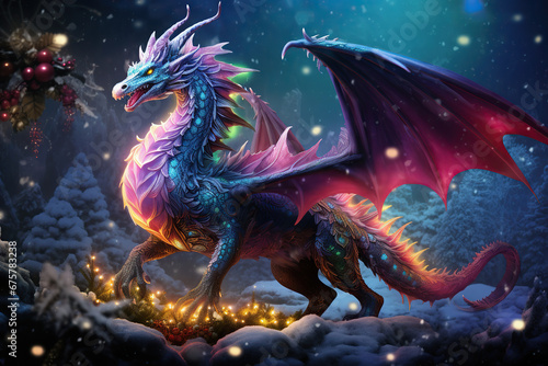 colorful fantasy dragon with christmas decorations and lights