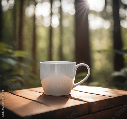 white t-shirt  coffee mug or cup  blank white coffee mug mock up  on a table in a forest