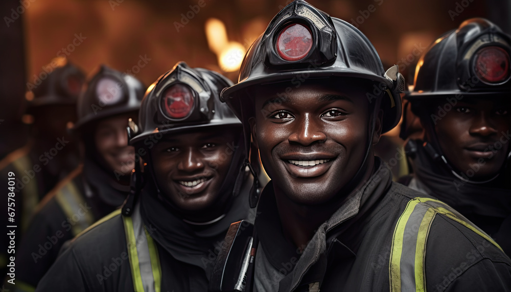 bomberos de raza negra haciéndose un selfie en traje de trabajo sobre fondo de fuego desenfocado - obrazy, fototapety, plakaty 