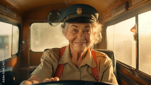 smiling old retired woman working as a school bus driver