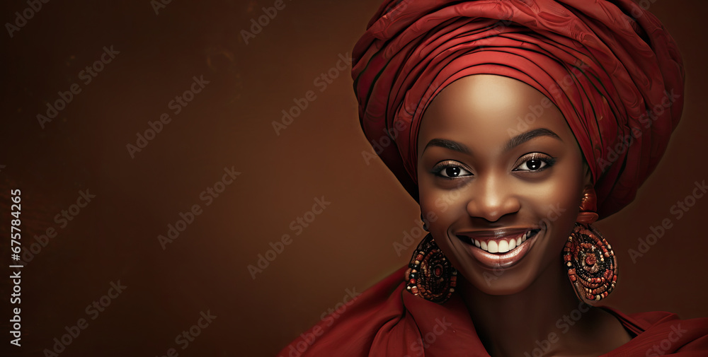 mujer negra afroamericana joven vestida con ropa tradicional africana y turbante sobre fondo marrón - obrazy, fototapety, plakaty 
