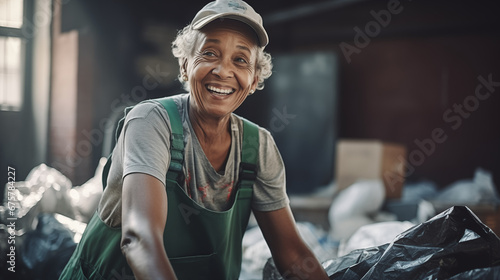 smiling old retired woman working as a garbage man,  photo
