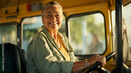 smiling old retired woman working as a school bus driver