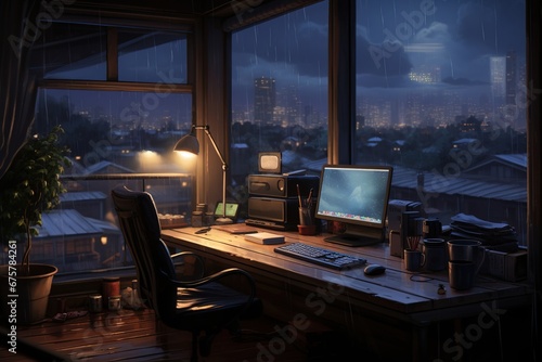 A snug home office with a desktop computer casting a soft light as the rain pours down the windowpane, stormy outside, lo-fi background photo