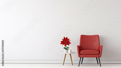 salón con decoración minimalista con butaca y mesa central sobre fondo blanco photo