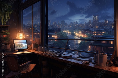 A snug home office with a desktop computer casting a soft light as the rain pours down the windowpane, stormy outside, lo-fi background © EOL STUDIOS