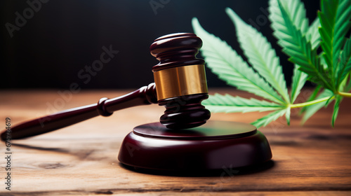 Judge's gavel or hammer, marijuana or THC, and a hemp leaf in the background. Concept of the illegal drug trade, legislation against marijuana, and legalization. Shallow depth of field.