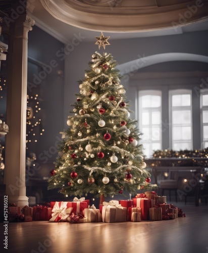Decorated Christmas tree on blurred background,