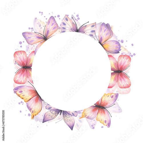 Wreath with abstract butterflies in purple tones, watercolor