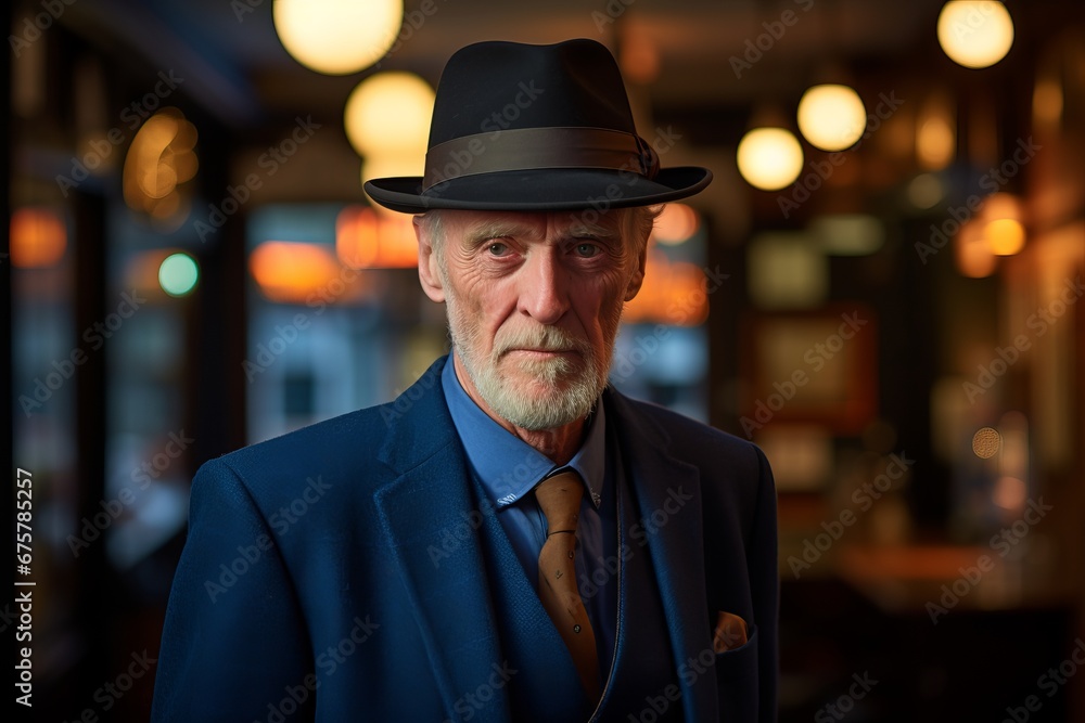 Portrait of an old man with hat and coat in a restaurant. Portrait of an old man with hat and coat in a restaurant.