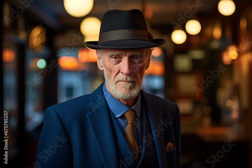 Portrait of an old man with hat and coat in a restaurant.