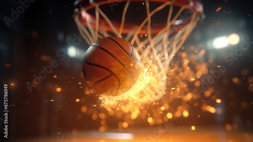 One basketball ball on the basketball court colorful fantasy sports illustration basketball fire basketball games photo