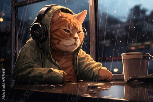 A charming scene of acat with headphones on, perched comfortably on a cushioned window sill, gazing out at a rainy cityscape, lo-fi background