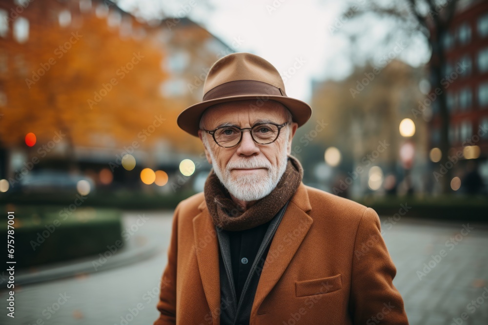 Portrait of senior man in hat and coat standing in the city. Portrait of senior man in hat and coat standing in the city.