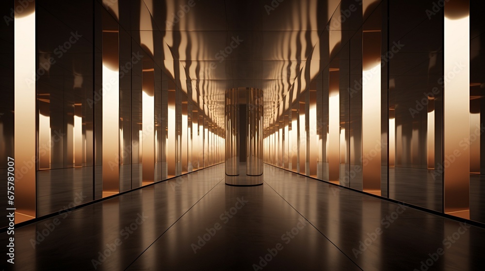 A hallway with mirrors that create the illusion of infinite space. The style is modern and reflective. The lighting is bright and even. The materials are mirrors and lights