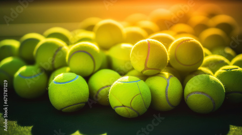 Closeup of a plenty of tennis balls on an empty tennis court, the sunshine. Sports lifestyle concept. Generative AI © AngrySun