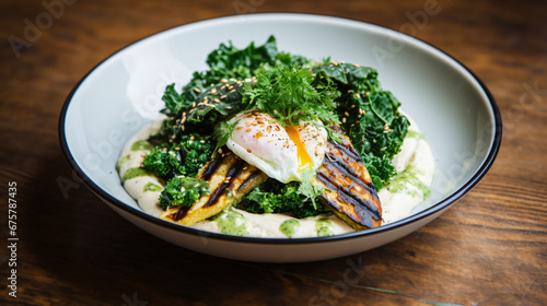 Millet with avocado, kale, egg, and grilled halloumi.