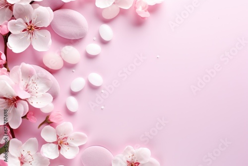 White cherry blossom flowers and petals on pink background, flat lay, copy space