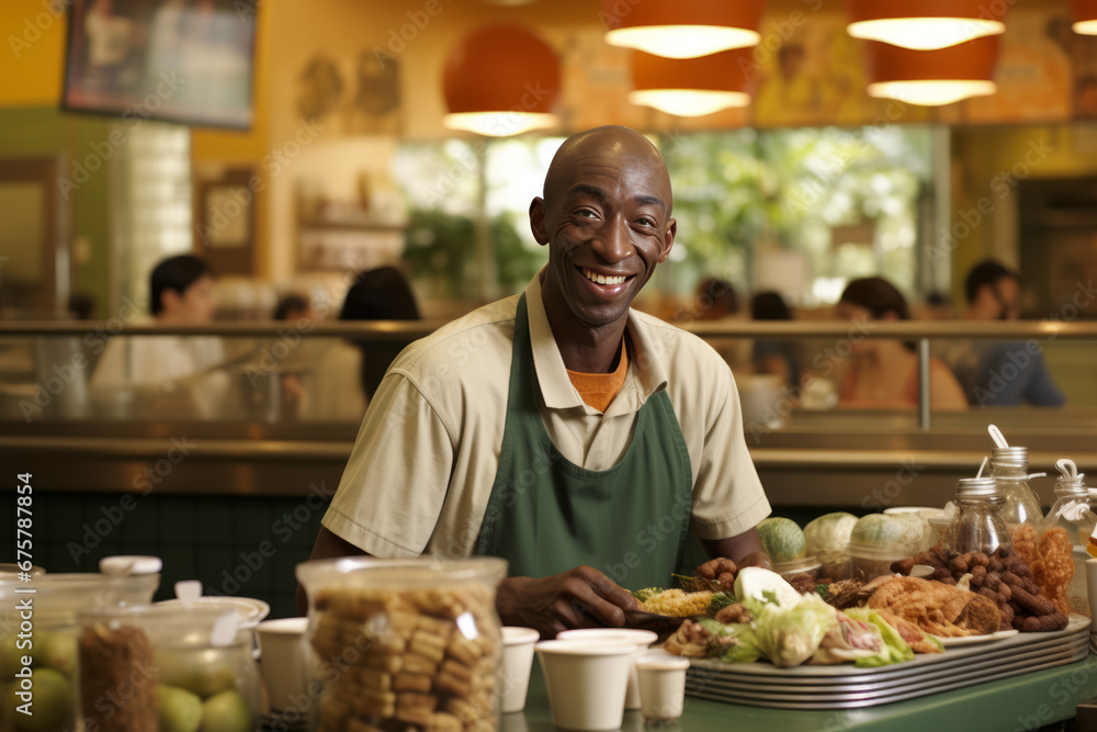 Positive African American man smiling in food service area Positive African American man smiling in food service area