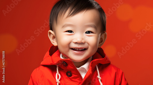 happy smiling Chinese boy wearing red clothing for Chinese new year