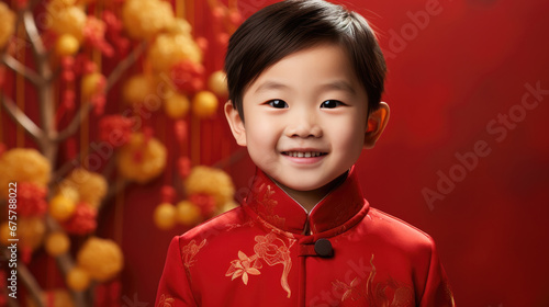 happy smiling Chinese boy wearing red traditional clothing for Chinese new year