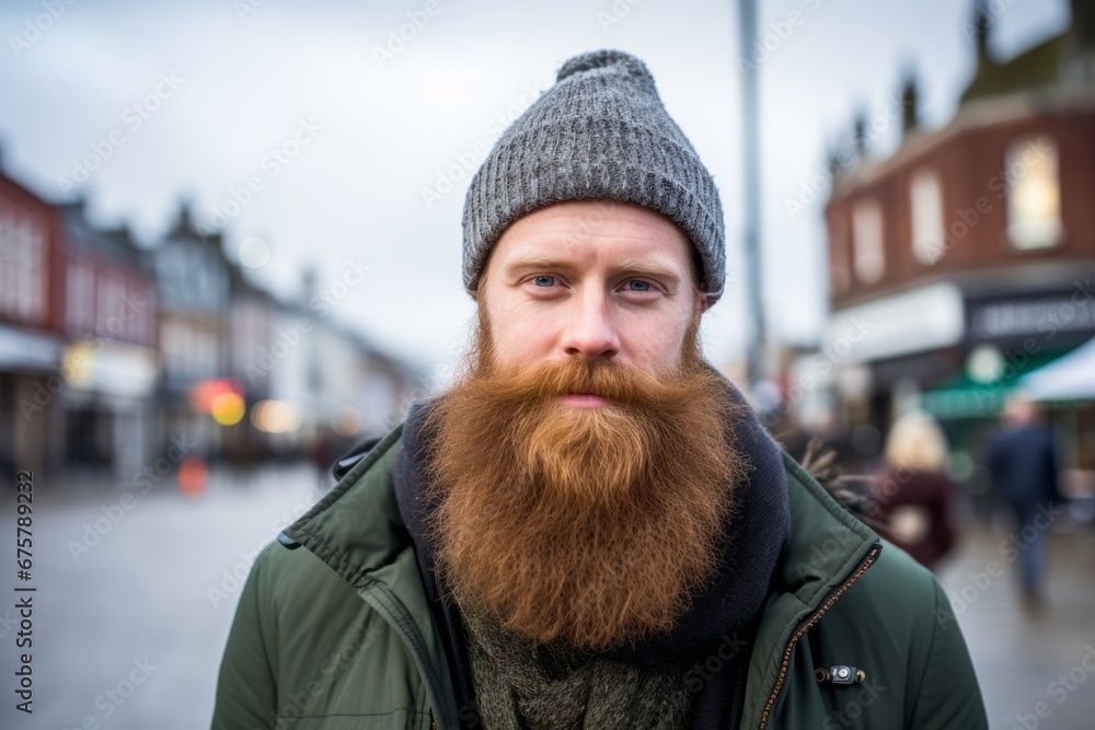 Portrait of a handsome bearded man with long red beard and mustache in the city Portrait of a handsome bearded man with long red beard and mustache in the city