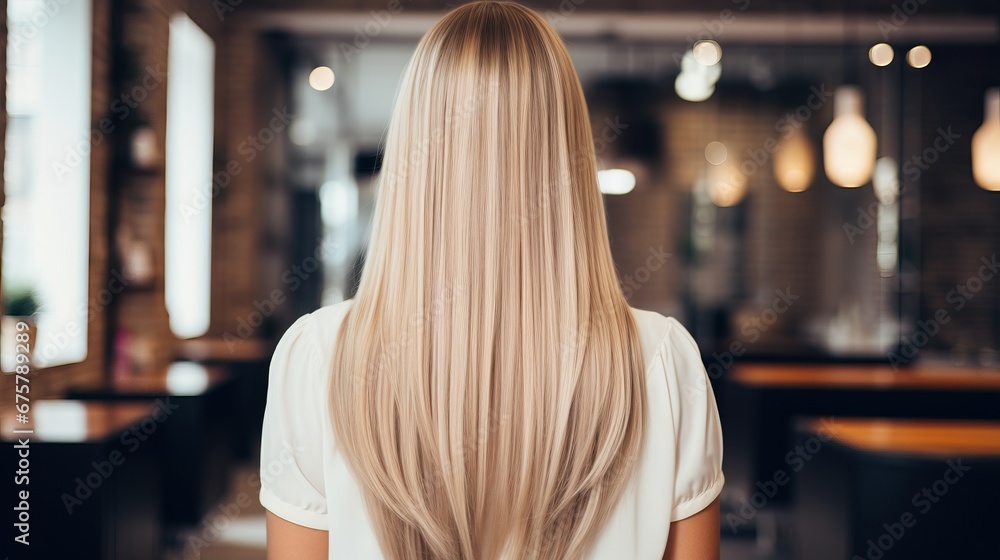 Portrait of a beautiful girl with luxurious long hair. Back view.
